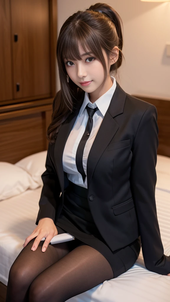 One girl, alone, pantyhose, Brown eyes, View your viewers, (オフィスレディsuit), Sit on the bed, Brown Hair, Medium Hair, Messy Hair, Asymmetrical bangs, Short Ponytail, Black jacket, blush, (White collared shirt), Black tight skirt, Long sleeve, suit, Large Breasts, Cleavage, formal, smile, Black pantyhose, Beautiful girl ,8K, High resolution,RAW Photos, (Tabletop:1.2), (Highest quality:1.2), Realistic, Photorealistic, Sharp focus,Moody lighting, Blue Hour, Japanese Idols, 28 years old, expensive, Glamour, side、