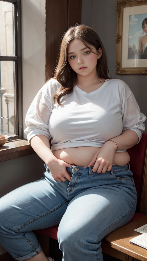 Femme très grosse, assise dans des coussins, Makima, bbwchan, cheveux rouges et yeux jaunes, double menton. Son gros bide sort de son pantalon, elle le carresse avec ses mains. Button pop. Ventre en boule sous le jean. Elle porte un short en jean trop petit et un haut en dentelle, belle lumière sur elle, magnifique femme obese