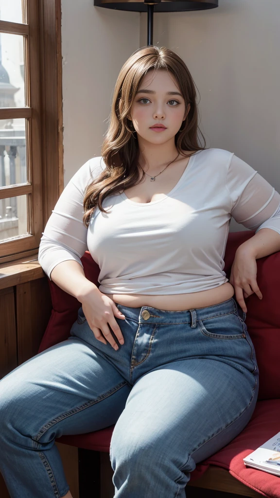 Femme très grosse, assise dans des coussins, Makima, bbwchan, cheveux rouges et yeux jaunes, double menton. Son gros bide sort de son pantalon, elle le carresse avec ses mains. Button pop. Ventre en boule sous le jean. Elle porte un short en jean trop petit et un haut en dentelle, belle lumière sur elle, magnifique femme obese
