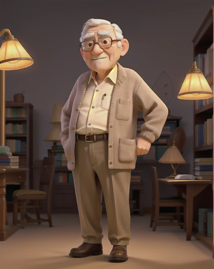 A wise old man standing in front, illuminated by the light of a lamp, against the backdrop of a library
