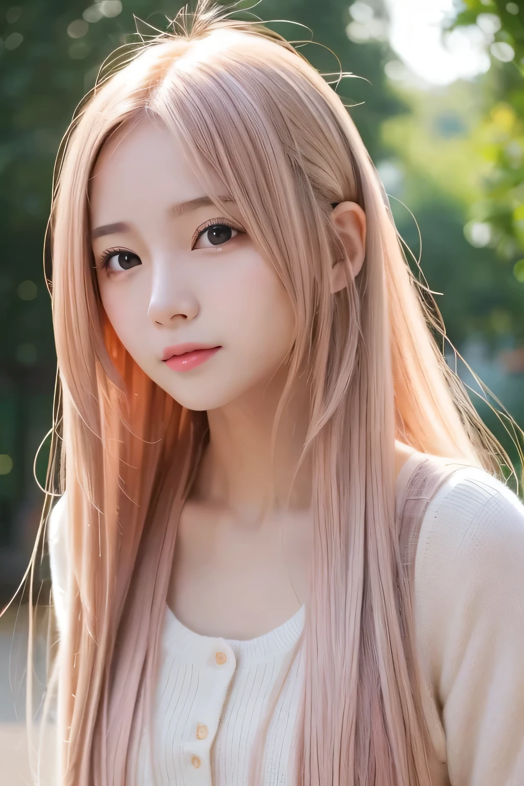 Young girl, long hair, pink beige hair color, small nose, small face, droopy eyes, large mouth, height 165cm, bust F cup, slender long legs