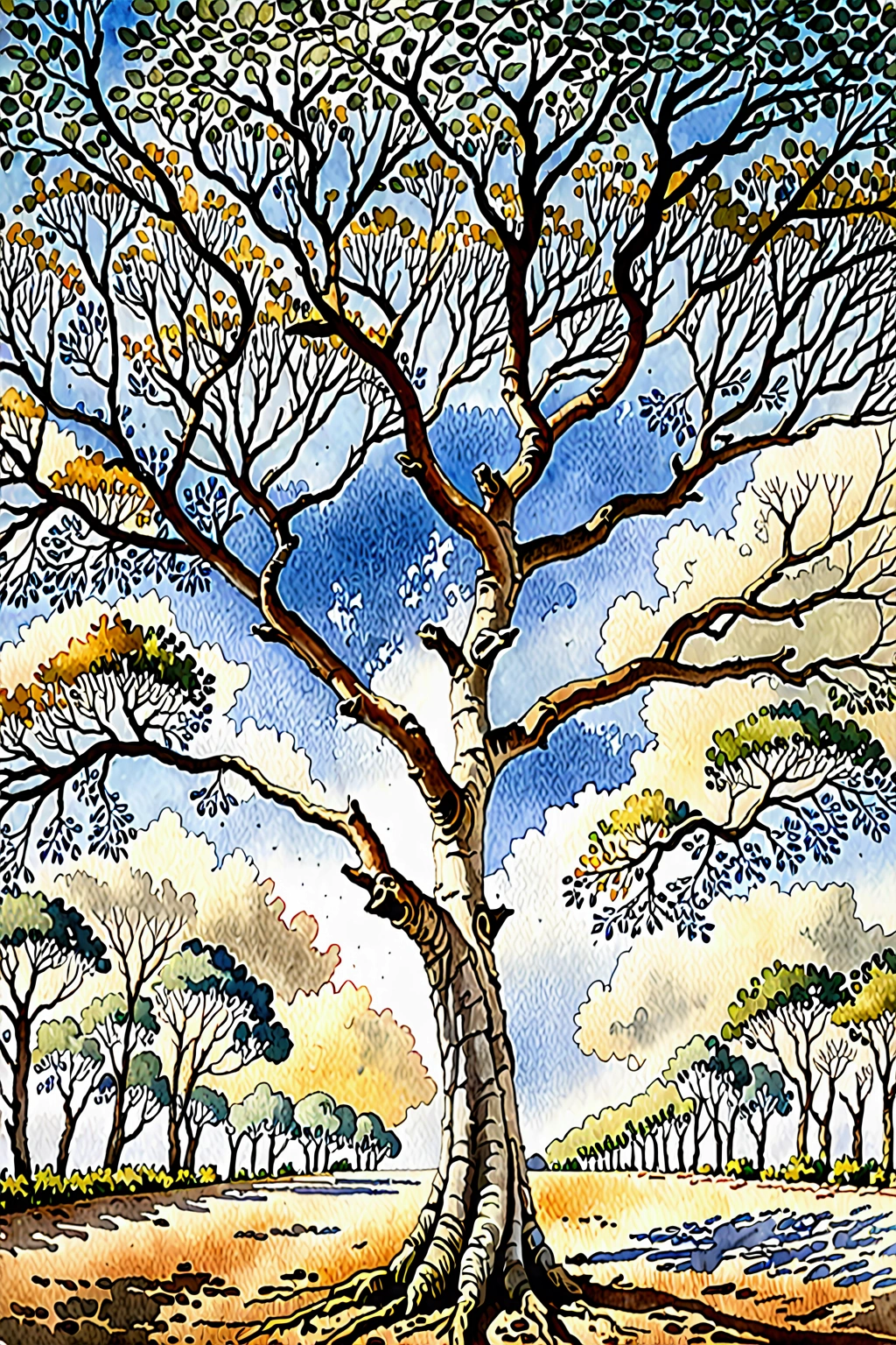 tree, no humans, outdoors, traditional media, painting (medium), watercolor (medium), day, scenery, nature, branch, plant, dappled sunlight,ï¼sky, best quality 