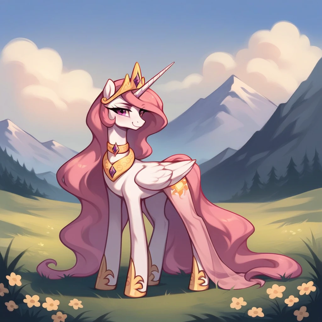 score_9, score_8_up, score_7_up, score_6_up, score_5_up, score_4_up, rating_explicit, outdoors, purple (see through pink dress and neck choker), solo, feral pony, princess  celestia with pink mane, evil smile, closed mouth,BREAK mountain, day, sky, flower, mountainous horizon, blue sky, grass 