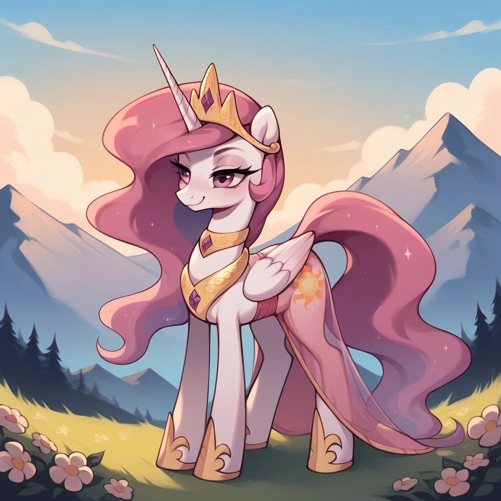 score_9, score_8_up, score_7_up, score_6_up, score_5_up, score_4_up, rating_explicit, outdoors, purple (see through pink dress and neck choker), solo, feral pony, princess  celestia with pink mane, evil smile, closed mouth,BREAK mountain, day, sky, flower, mountainous horizon, blue sky, grass 