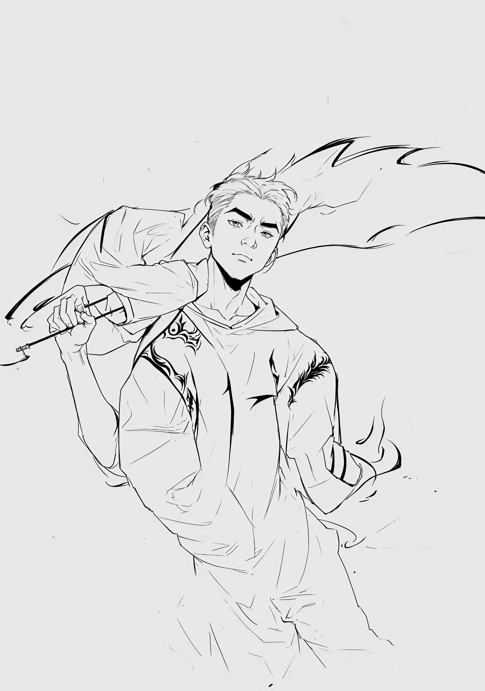 a drawing of a man with a bat on his arm, bold arte linear, simple arte linear, inspired by Huang Shen, intense line art, thick arte linear, holding his trident, clean arte linear, inspired by Dai Jin, sketchy art style, inspired by Kieran Yanner, line sketch, epic angle and pose, arte linear, heavy arte linear