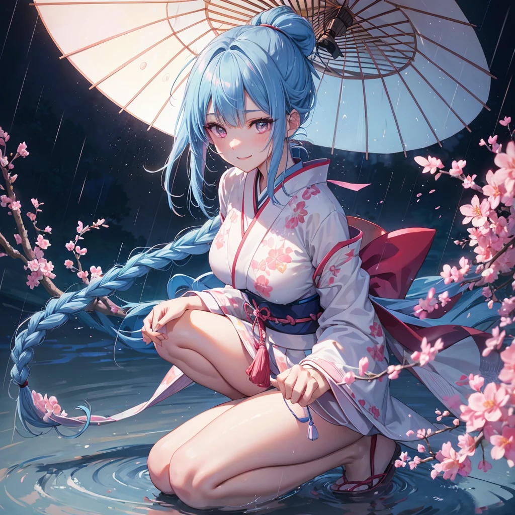 sky Blue hair, (braided ponytail),(pink eyes),fair skin ,(full body),(1 girl),smile,Straight Bangs,(masterpiece, best quality, ultra-detailed, best shadow), (detailed background), (beautiful detailed face), high contrast, (best illumination, an extremely delicate and beautiful), ((cinematic light)), colorful, hyper detail, dramatic light, intricate details,(rain shower),kyoto,big Japanese Umbrella,kimono,