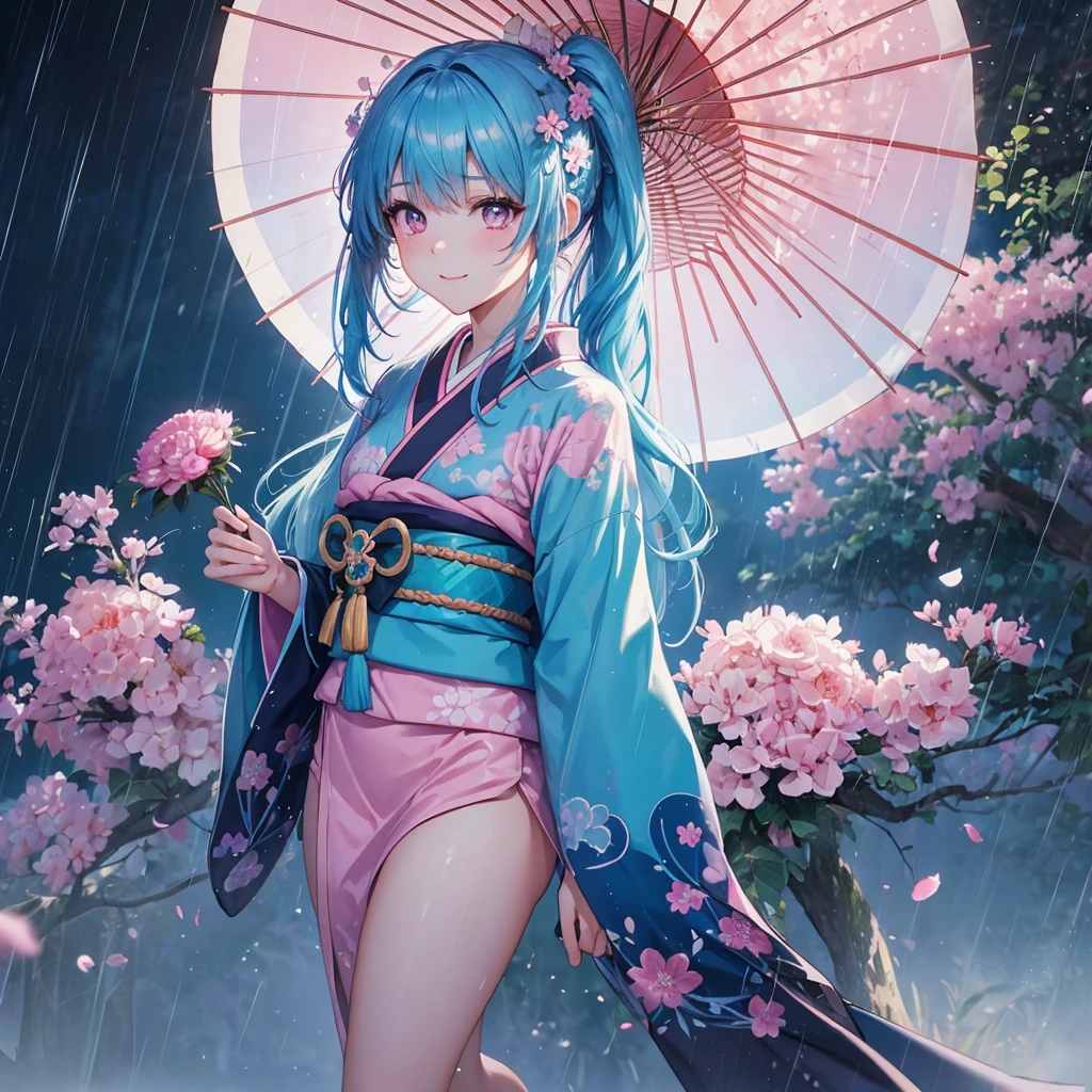 sky Blue hair, (braided ponytail),(pink eyes),fair skin ,(full body),(1 girl),smile,Straight Bangs,(masterpiece, best quality, ultra-detailed, best shadow), (detailed background), (beautiful detailed face), high contrast, (best illumination, an extremely delicate and beautiful), ((cinematic light)), colorful, hyper detail, dramatic light, intricate details,(rain shower),kyoto,big Japanese Umbrella,kimono,