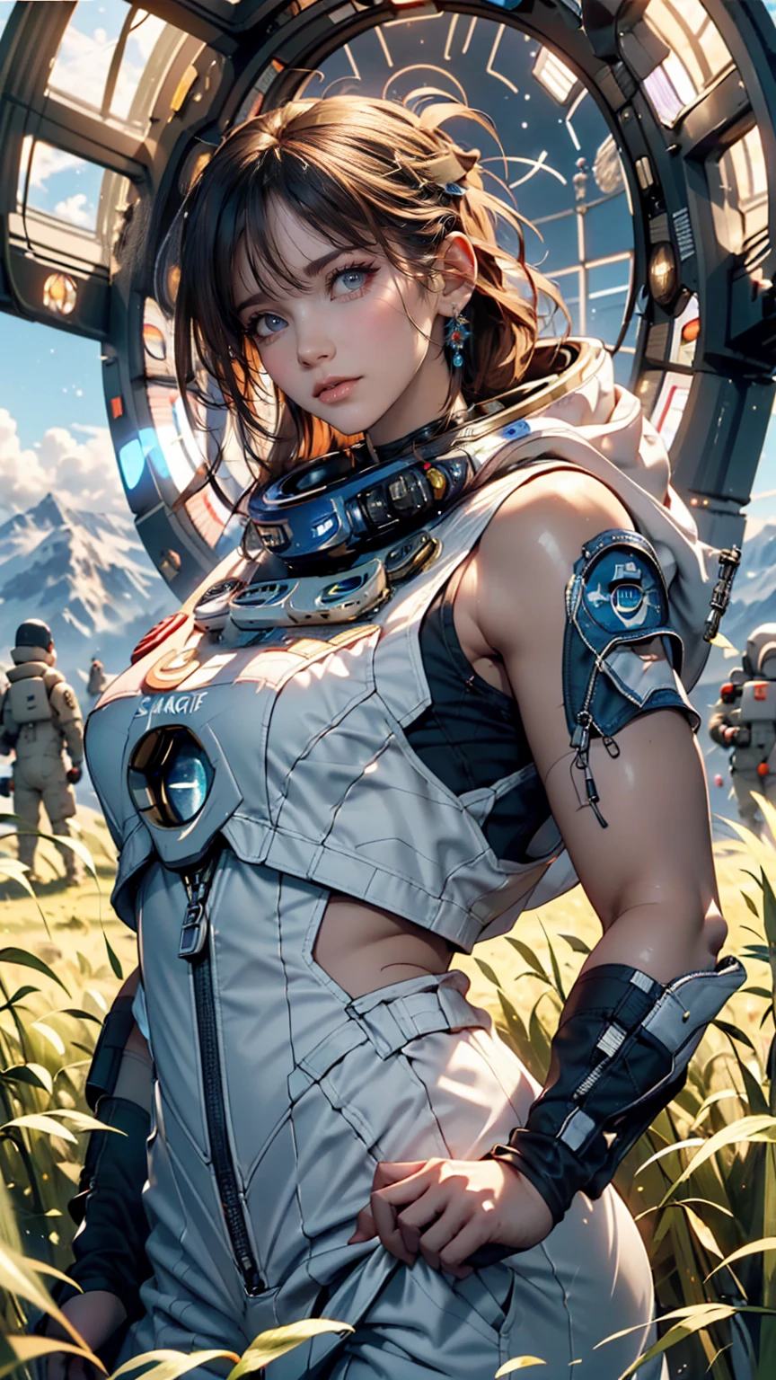 Awards (whole body:0.8) (Portrait Photography:1.3) Young woman (Sci-Fi Astronaut:1.3) with (Military tanks:1.4), (Stargate:1.4), Gaze upon a lush alien planet, (Mountain々:1.2) (Tall Grass:1.4), rock, Fluffy clouds floating in the sky, Trending on Art Station, Very detailed, The finer details, Complex, (Lens flare:0.6), (Backlight:0.8), (bloom:0.8), Shallow depth of field