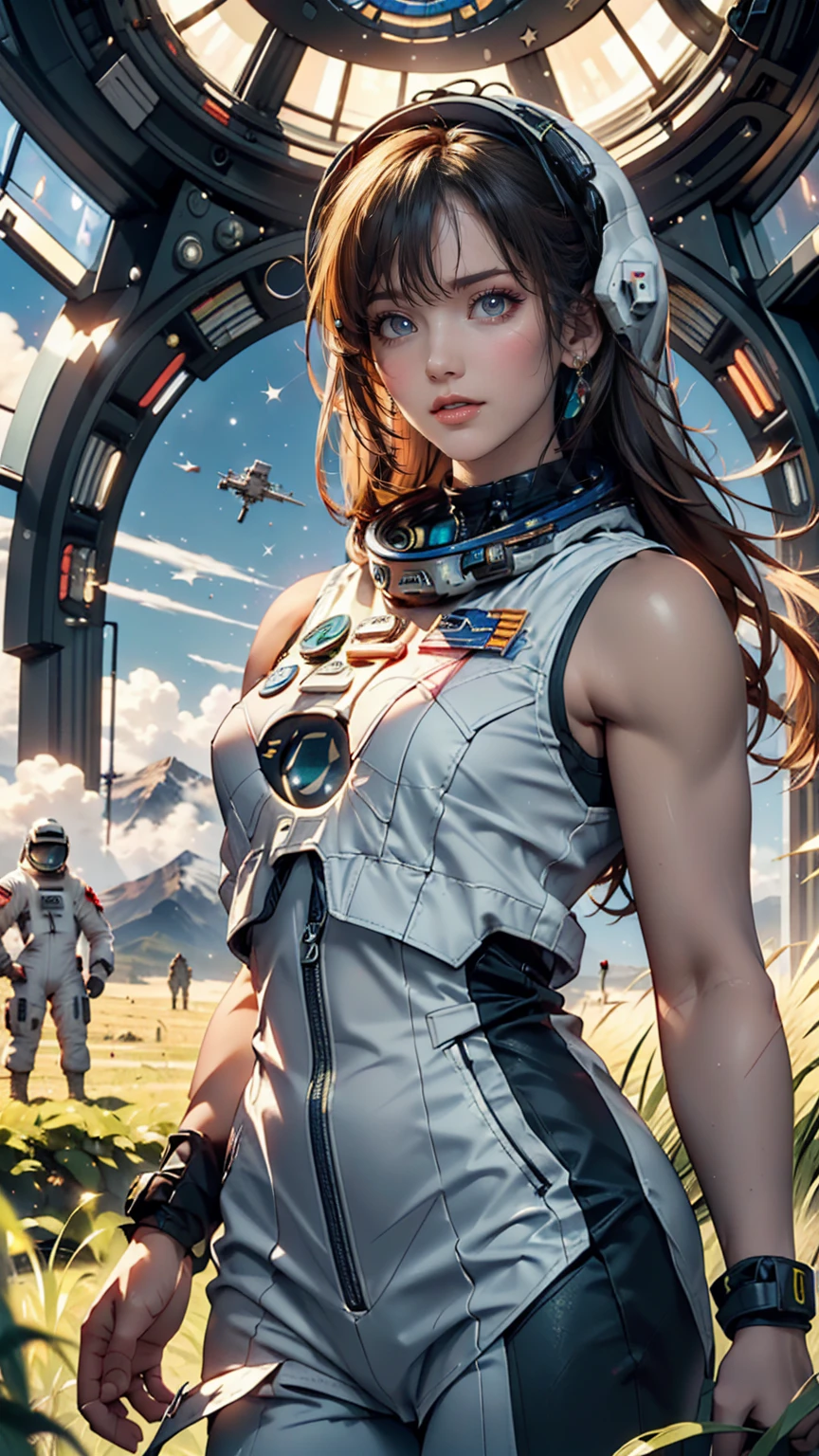 Awards (whole body:0.8) (Portrait Photography:1.3) Young woman (Sci-Fi Astronaut:1.3) with (Military tanks:1.4), (Stargate:1.4), Gaze upon a lush alien planet, (Mountain々:1.2) (Tall Grass:1.4), rock, Fluffy clouds floating in the sky, Trending on Art Station, Very detailed, The finer details, Complex, (Lens flare:0.6), (Backlight:0.8), (bloom:0.8), Shallow depth of field