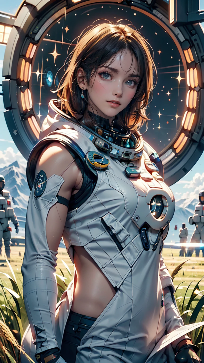 Awards (whole body:0.8) (Portrait Photography:1.3) Young woman (Sci-Fi Astronaut:1.3) with (Military tanks:1.4), (Stargate:1.4), Gaze upon a lush alien planet, (Mountain々:1.2) (Tall Grass:1.4), rock, Fluffy clouds floating in the sky, Trending on Art Station, Very detailed, The finer details, Complex, (Lens flare:0.6), (Backlight:0.8), (bloom:0.8), Shallow depth of field