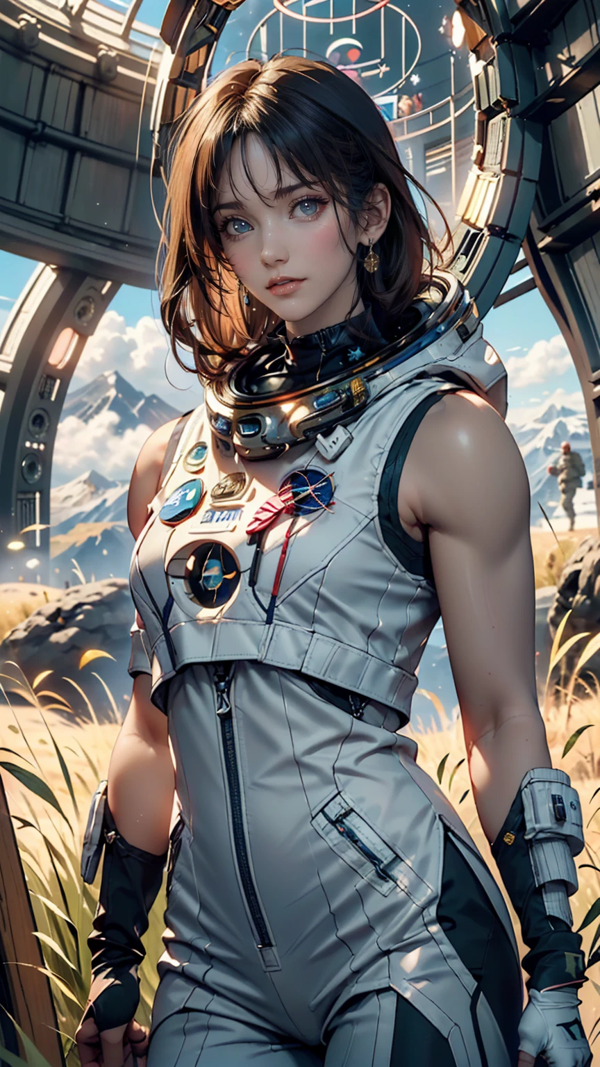 Awards (whole body:0.8) (Portrait Photography:1.3) Young woman (Sci-Fi Astronaut:1.3) with (Military tanks:1.4), (Stargate:1.4), Gaze upon a lush alien planet, (Mountain々:1.2) (Tall Grass:1.4), rock, Fluffy clouds floating in the sky, Trending on Art Station, Very detailed, The finer details, Complex, (Lens flare:0.6), (Backlight:0.8), (bloom:0.8), Shallow depth of field