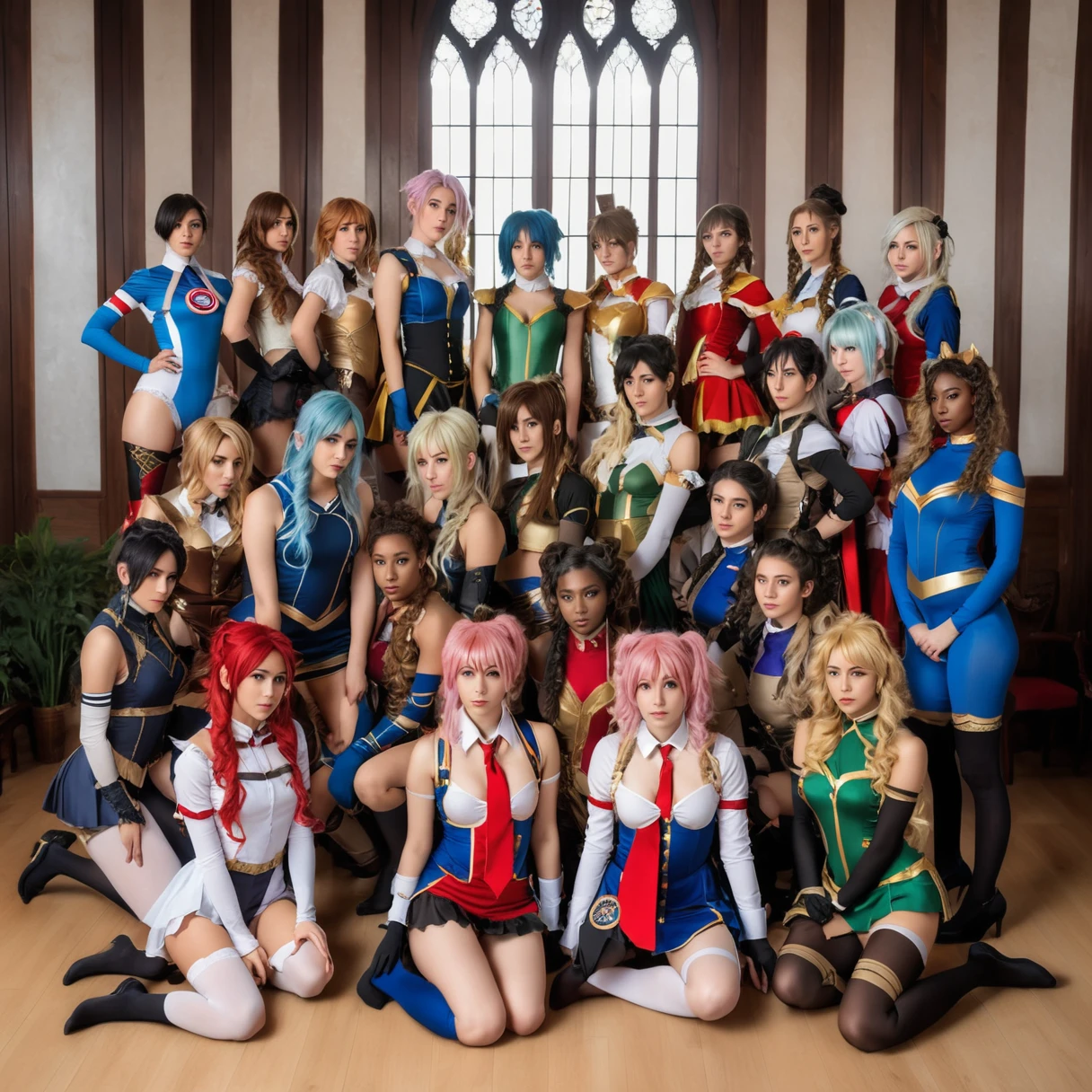 awardwinning RAW photo of room filled with young_woman, cosplay, full body, different races, different hairstyles, stockings, kneeling, amazing details