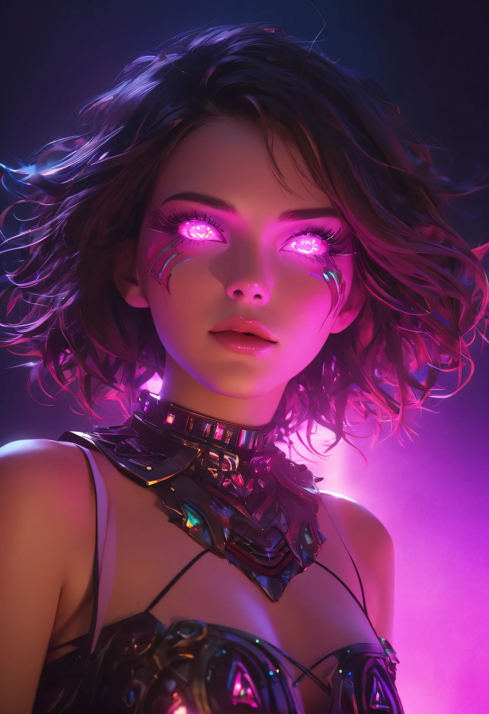 surreal surrealistic dreamlike masterpiece award winning extraordinary detailed work by chang kitchin vaporwave dystopian extremely detailed highly detailed futuristic cleveland ohio cinematic rim lighting octane rendering, 
1girl, beautiful detailed eyes, beautiful detailed lips, extremely detailed face and eyes, long eyelashes, 
intricately detailed colourful leather clothing, cleavage, bare stomach, bright glowing eyes
intricate, mesmerizing, captivating, surreal, bizarre, unsettling, ethereal, moody, atmospheric, cinematic lighting, volumetric lighting, dramatic shadows, intricate details, photorealistic, 8k, best quality, hyper detailed, sharp focus, 
physically based rendering, vibrant colors, vivid colors, sexy, seductive, alluring.