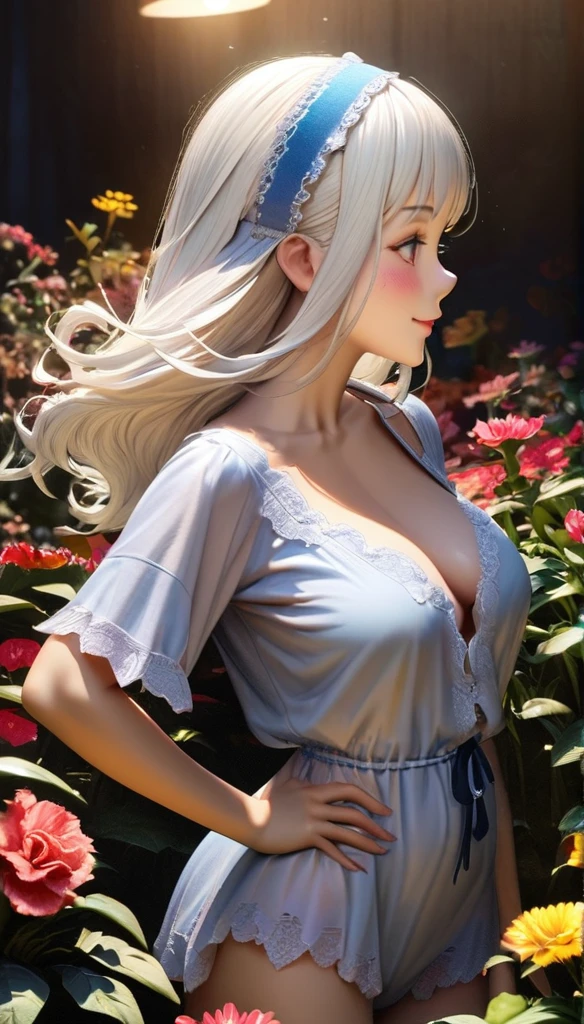beautiful girl, Long white hair, Beautiful Face,smile,Close up to the hips, Beautiful breasts, In the middle of the flower garden, (Open your mouth:0.4),figure,Detailed Texture(Realist),Super detailed,Portrait Style,Vibrant colors,Soft lighting, Blushing, mature, Hair fluttering, Evening Light , head band, Half Body, Crack, Wearing beautiful nightwear, profile, Very good:0.4