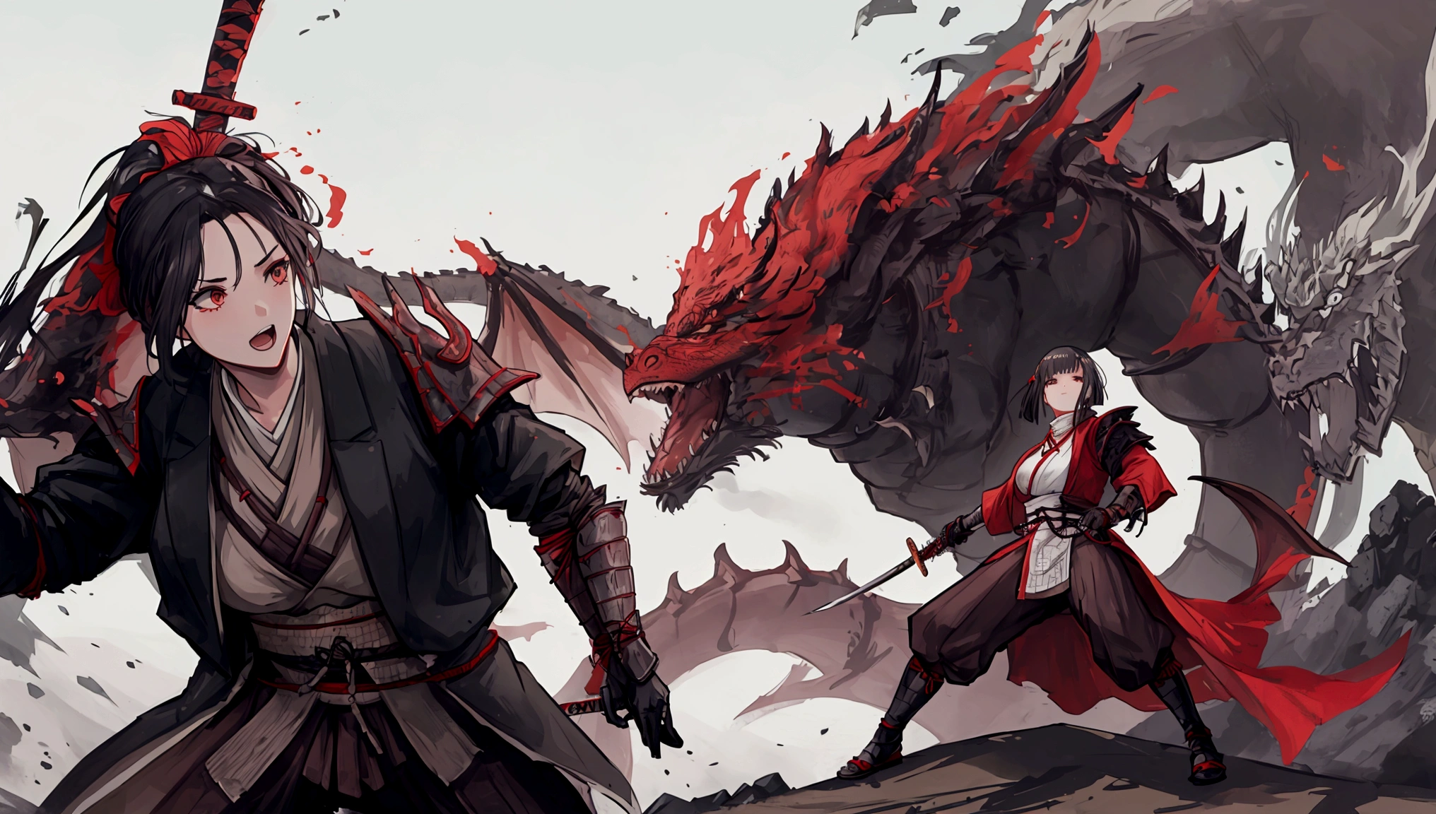 Girl fighting Sekiro game Boss. Girl has a sword. The boss is very big and a dragon. Landscape
