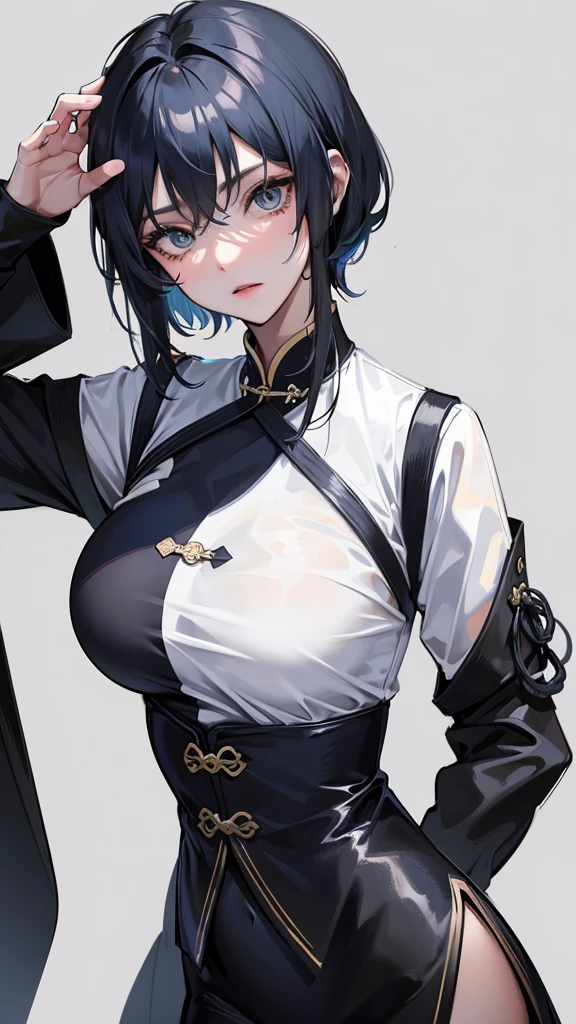 Masterpiece, Best quality, 1 Female, Mature Woman, Elder Sister, young girl, Royal Sister, Cold Face, strong, green eyes, wolfcut short hair, smoky mix navy blue color hair, resolute eyes, simple black and white Taoist Taoist uniform, long black eardrop, Chinese mix morden, frontal photo, blank background, remove background, wolfcut hairstyle, anime, illustration