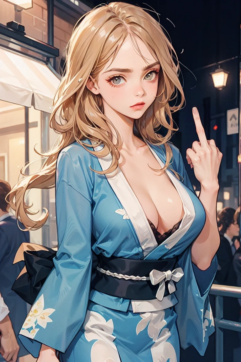 ginger girl wearing a floral kimono, revealing her curves, cleavage, firworks in background, (showing middle finger:1.0), middle finger, big breasts, new years eve on a pier at night,