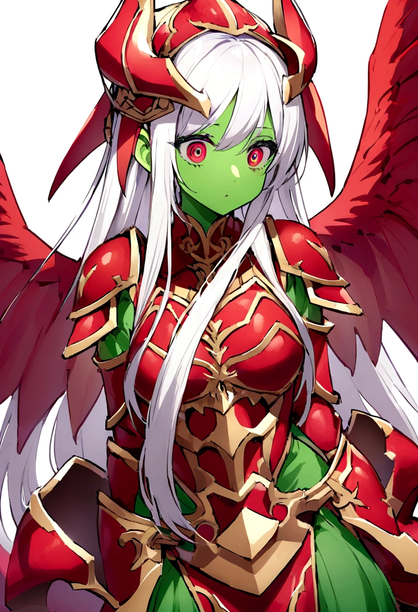 Create a woman she has long straight white hair, and is wearing red dragon armor with green orbs encrusted, his face is covered by the armor&#39;s helmet, She has red wings and a red tail sticking out of her armor., armor&#39;s eyes are green, his face cannot be seen as the armor covers