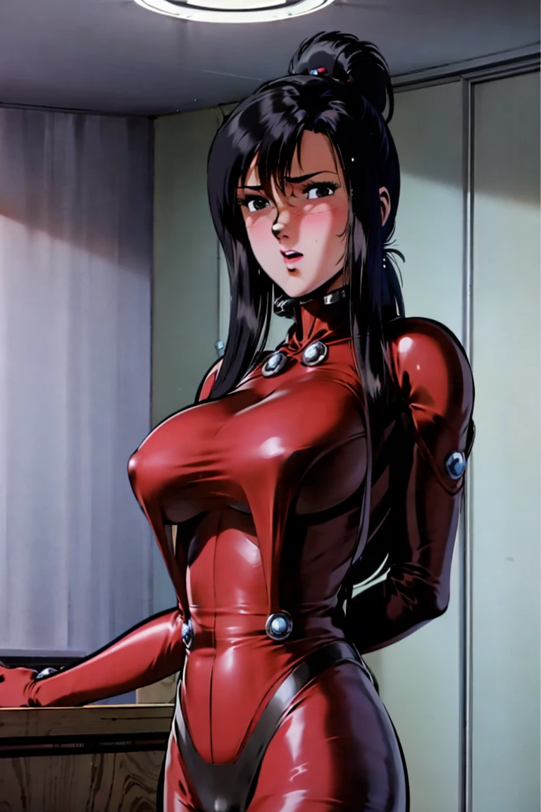 black hair, ponytail, (blush:1.4),reika\(gantz black suit\), red lipstick, large breasts,ultra-detailed, 1 girl, solo, beautiful face, black eyes,in room,looking at viewer