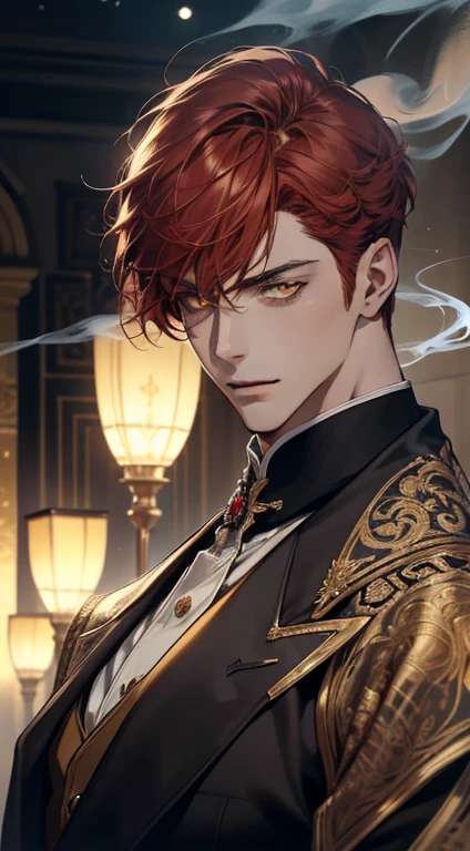 undercucho Close portrait of elegant person [undercucho] in bespoke MAN suit: tall muscular man, Classic style, intricate detial baroque, chic, glittering lights, highy detailed, digitalpainting, art station, conceptual artwork, smooth, sharp focus, portraite , illustration, arte por WLOP, Mars Ravelo e Greg Rutkowski (high detail skin: 1.2), 8k hd, dslr, soft lighting, high qualiy, film grain, Fujifilm XT3 mix4, male model, (((1 men))) suit, seducer, Florence, Background of Italy, (((/looking ahead at viewer/))) ((((short red hair))) (((long bangs))) (((yellow  eyes))) (((enchanted look))), ssmile, mysterious aura, natta, bokeh, Depth of field, (trunk: 1.0), best qualityer, details Intricate, detailedeyes, work of art, film grain, 1900s, kodakchrome, latern, strange smoke around you, work of art