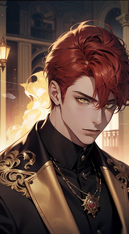 undercucho Close portrait of elegant person [undercucho] in bespoke MAN suit: tall muscular man, Classic style, intricate detial baroque, chic, glittering lights, highy detailed, digitalpainting, art station, conceptual artwork, smooth, sharp focus, portraite , illustration, arte por WLOP, Mars Ravelo e Greg Rutkowski (high detail skin: 1.2), 8k hd, dslr, soft lighting, high qualiy, film grain, Fujifilm XT3 mix4, male model, (((1 men))) suit, seducer, Florence, Background of Italy, (((/looking ahead at viewer/))) ((((short red hair))) (((long bangs))) (((yellow  eyes))) (((enchanted look))), ssmile, mysterious aura, natta, bokeh, Depth of field, (trunk: 1.0), best qualityer, details Intricate, detailedeyes, work of art, film grain, 1900s, kodakchrome, latern, strange smoke around you, work of art