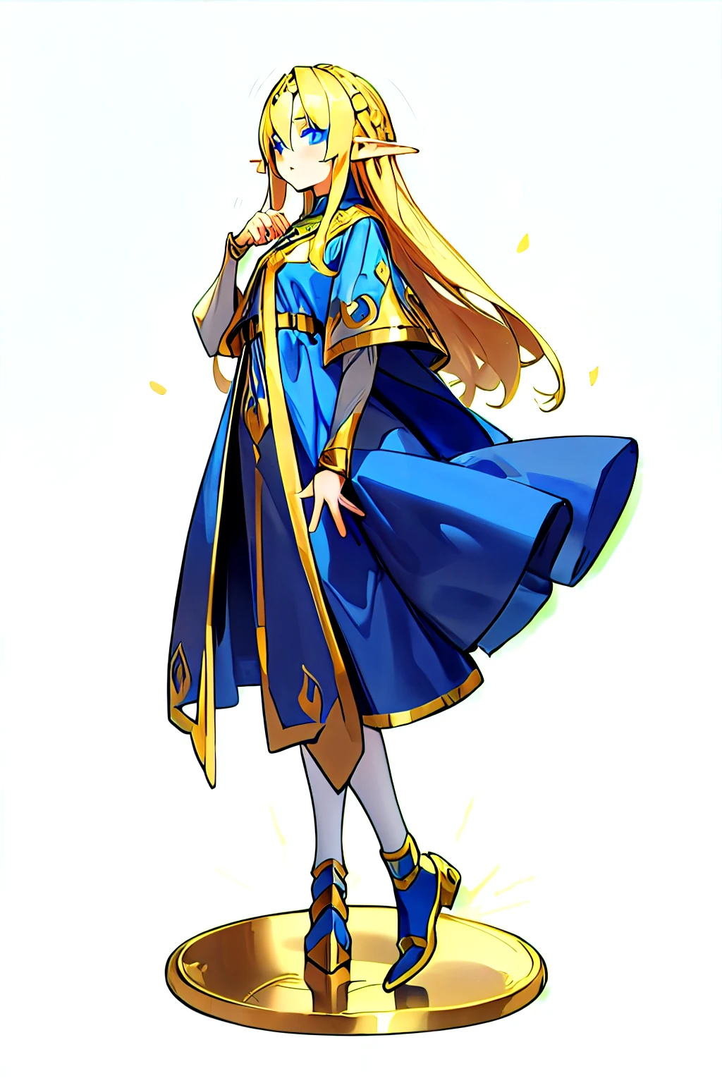 Elf, short stature, Golden Long Hair, Blue eyes, ceremonial medieval blue dress