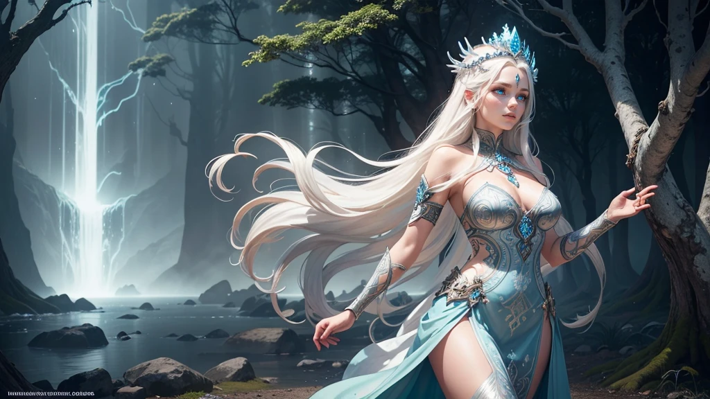 A stunning Nordic woman with striking, ethereal beauty, embodying the essence of a mythical Aesir goddess. She has long, flowing platinum blonde hair that cascades down her back like a waterfall. Her eyes are a mesmerizing icy blue, glowing with an otherworldly light. Her skin is fair and radiant, with a hint of an ethereal glow. She is adorned in a flowing, intricately detailed gown made of silver and white fabrics, reminiscent of ancient Norse designs, adorned with runes and symbols of power. She wears a delicate, ornate crown of silver and frost, intertwined with branches and leaves, symbolizing her connection to nature. The background is a mystical, misty forest with towering ancient trees and a hint of aurora borealis lighting up the sky. The atmosphere is serene yet powerful, exuding a sense of divine presence and ancient wisdom.