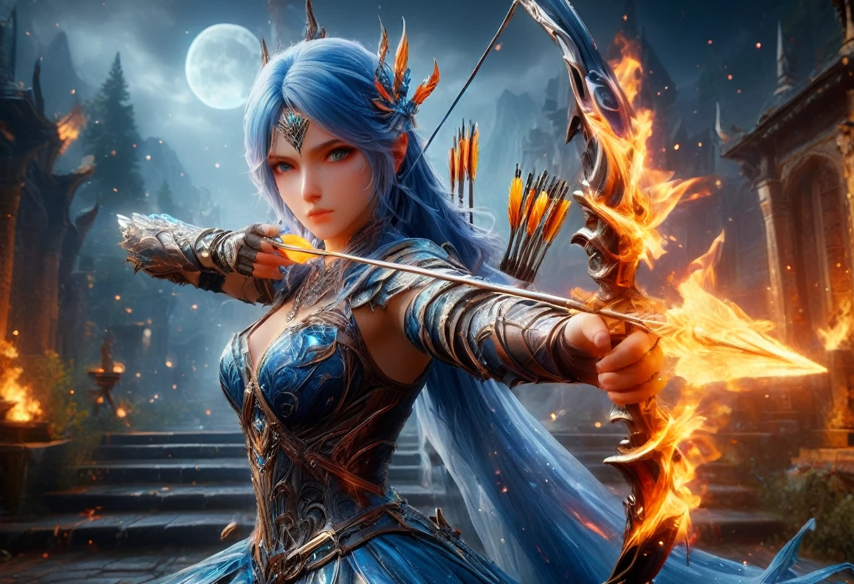 a picture of fire sorceress firing a flaming arrow from a magnificent epic bow, an elite glamour beautiful  fire sorceress, blue hair, long hair, wavy hair, wearing wild glamour dress, intricate dress, dynamic color dress , with fire patterns on it, aiming an epic bow with a flaming arrow,  dynamic bow, sting drawn to the cheek , arrow ready to be shot, dynamic bow, sting drawn to the cheek , arrow ready to be shot, it is night, moon light, starry night, cloudy night,  high details, best quality, 16k, [ultra detailed], masterpiece, best quality, (extremely detailed), dynamic angle, full body shot, fantasy urban street at night bacground, Aiming a Bow, bow (weapon), Aiming a Bow ,faize, ral-lava