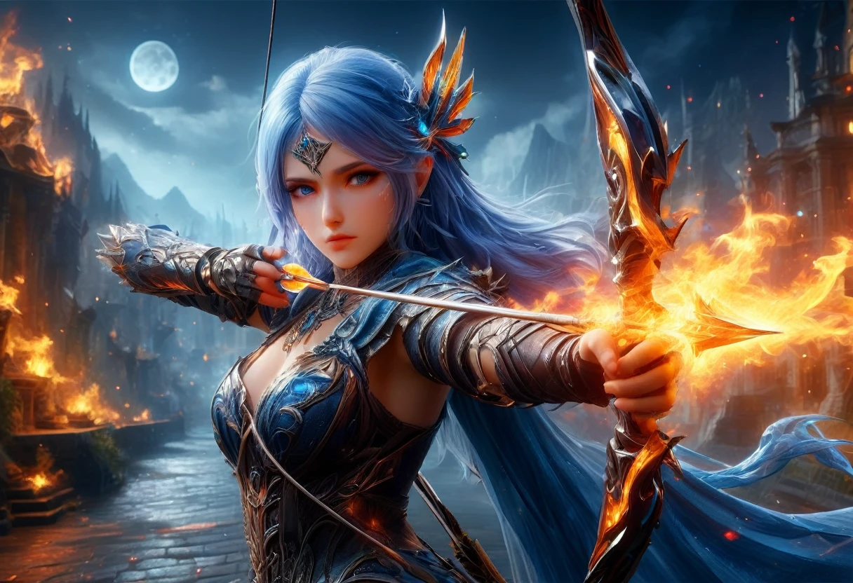 a picture of fire sorceress firing a flaming arrow from a magnificent epic bow, an elite glamour beautiful  fire sorceress, blue hair, long hair, wavy hair, wearing wild glamour dress, intricate dress, dynamic color dress , with fire patterns on it, aiming an epic bow with a flaming arrow,  dynamic bow, sting drawn to the cheek , arrow ready to be shot, dynamic bow, sting drawn to the cheek , arrow ready to be shot, it is night, moon light, starry night, cloudy night,  high details, best quality, 16k, [ultra detailed], masterpiece, best quality, (extremely detailed), dynamic angle, full body shot, fantasy urban street at night bacground, Aiming a Bow, bow (weapon), Aiming a Bow ,faize, ral-lava