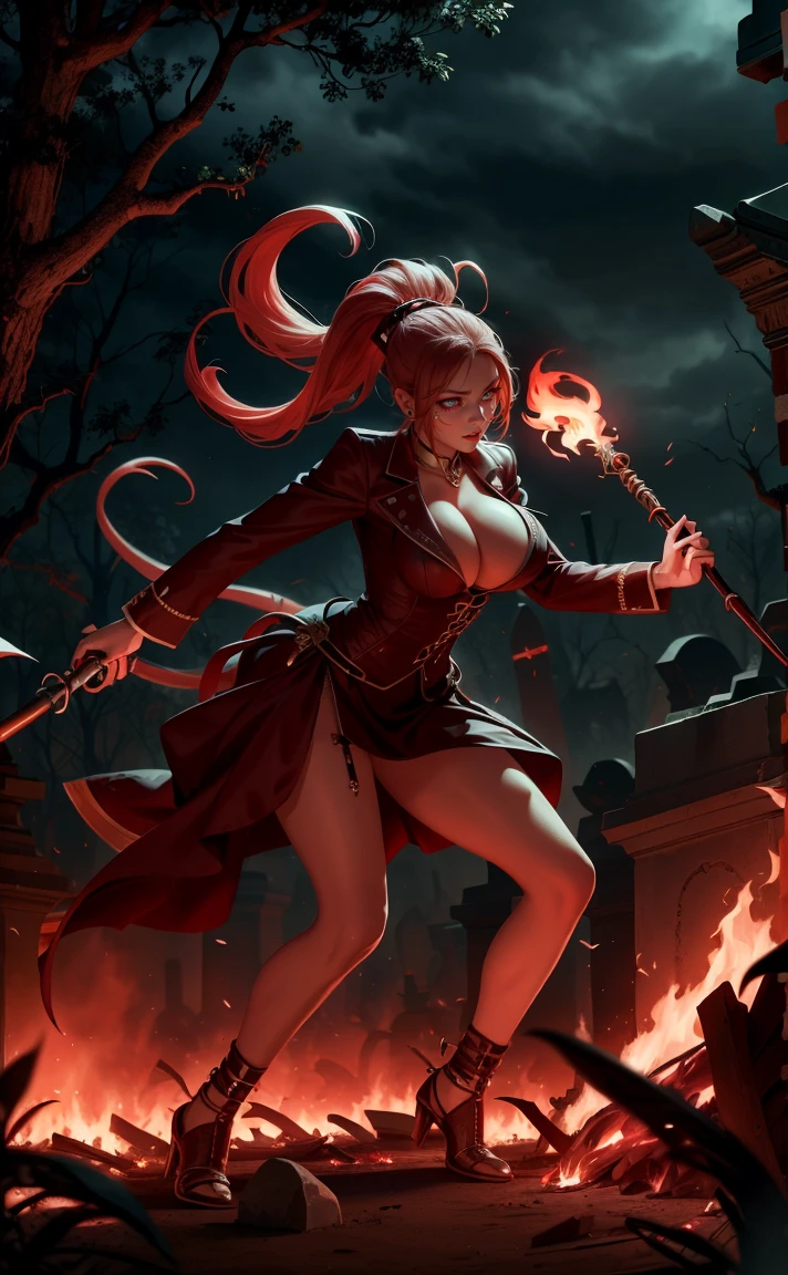 Sexy vampire girl in cemetery lit by flames, she is holding a spear, fully body, movement pose