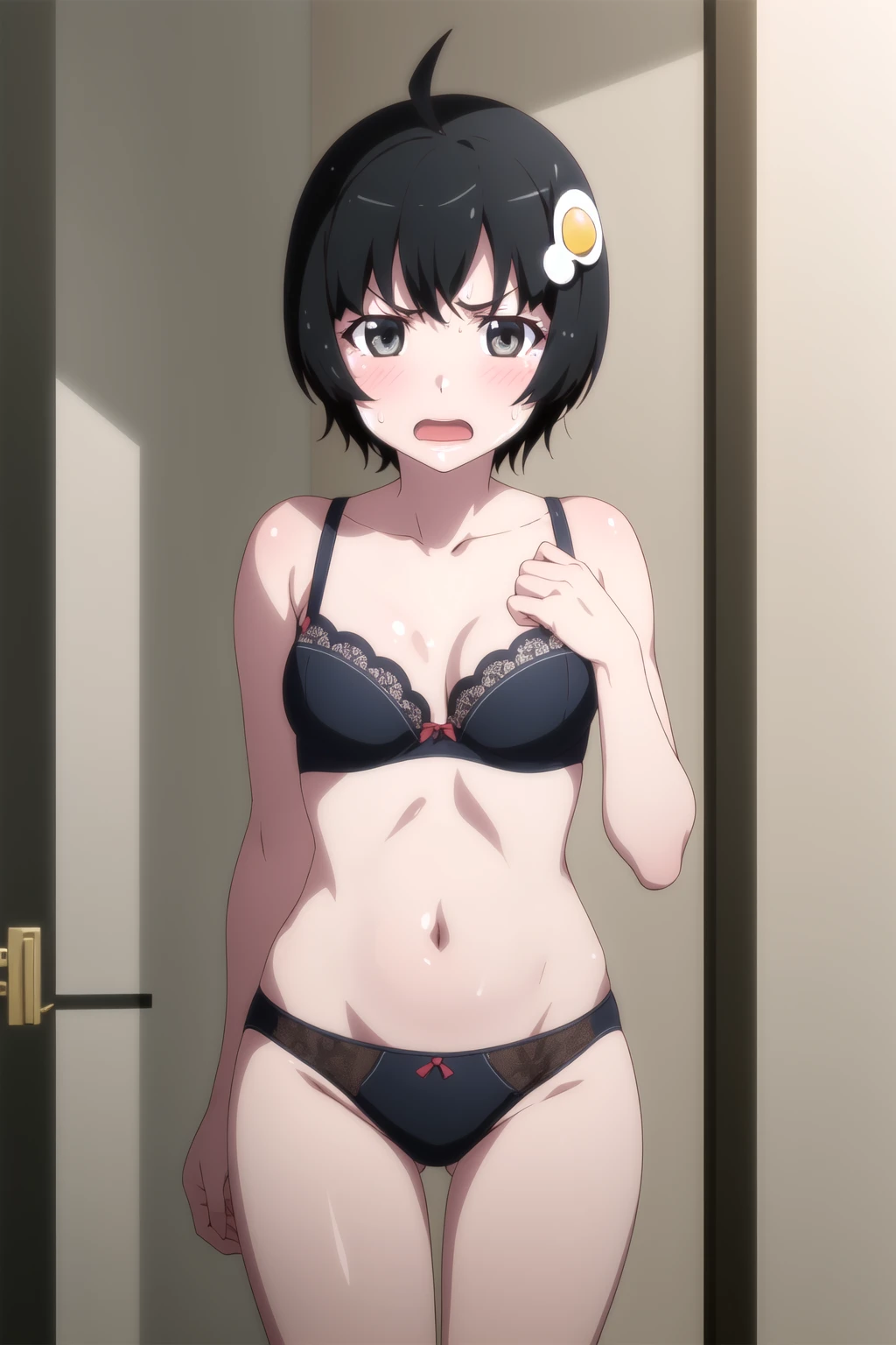 One girl, alone, looking at でiewer,
araragitsukihi, hair ornaments,short hair, Ahoge, No bra, egg hair ornaments, Parted bangs,No underwear,Sweat Anger,blush, Open your mouth,Ruins at night,Arizo