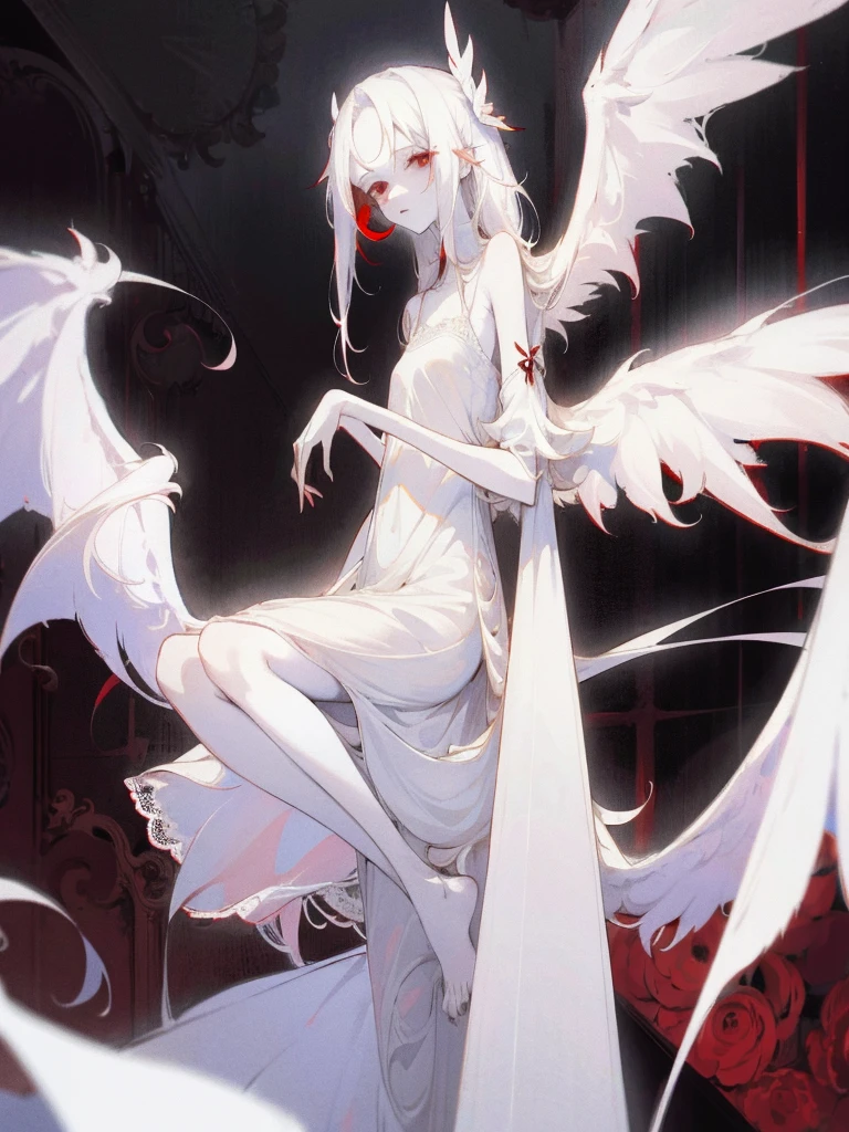 1girl, long white hair, red eyes, wearing white lace sling nightdress, white wings, bedroom, absurdres, high res, ultrasharp, 8K, masterpiece, looking at viewer, albino, pale