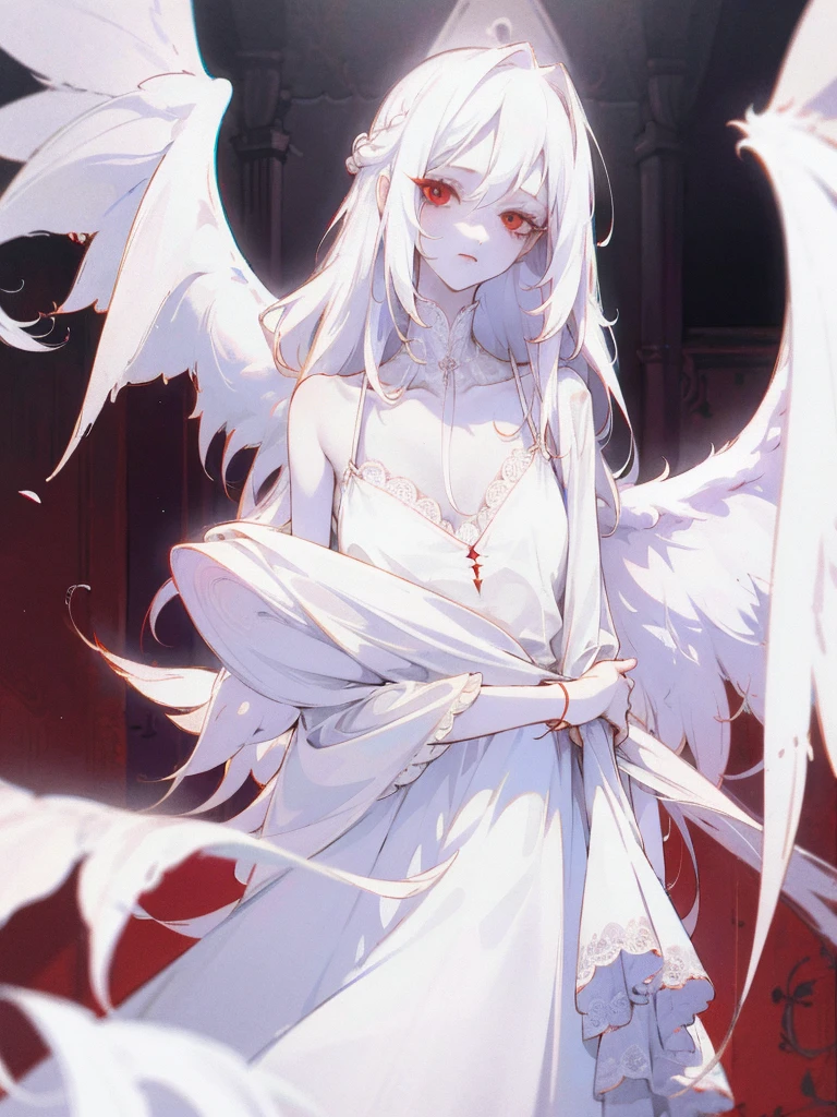 1girl, long white hair, red eyes, wearing white lace sling nightdress, white wings, bedroom, absurdres, high res, ultrasharp, 8K, masterpiece, looking at viewer, albino, pale