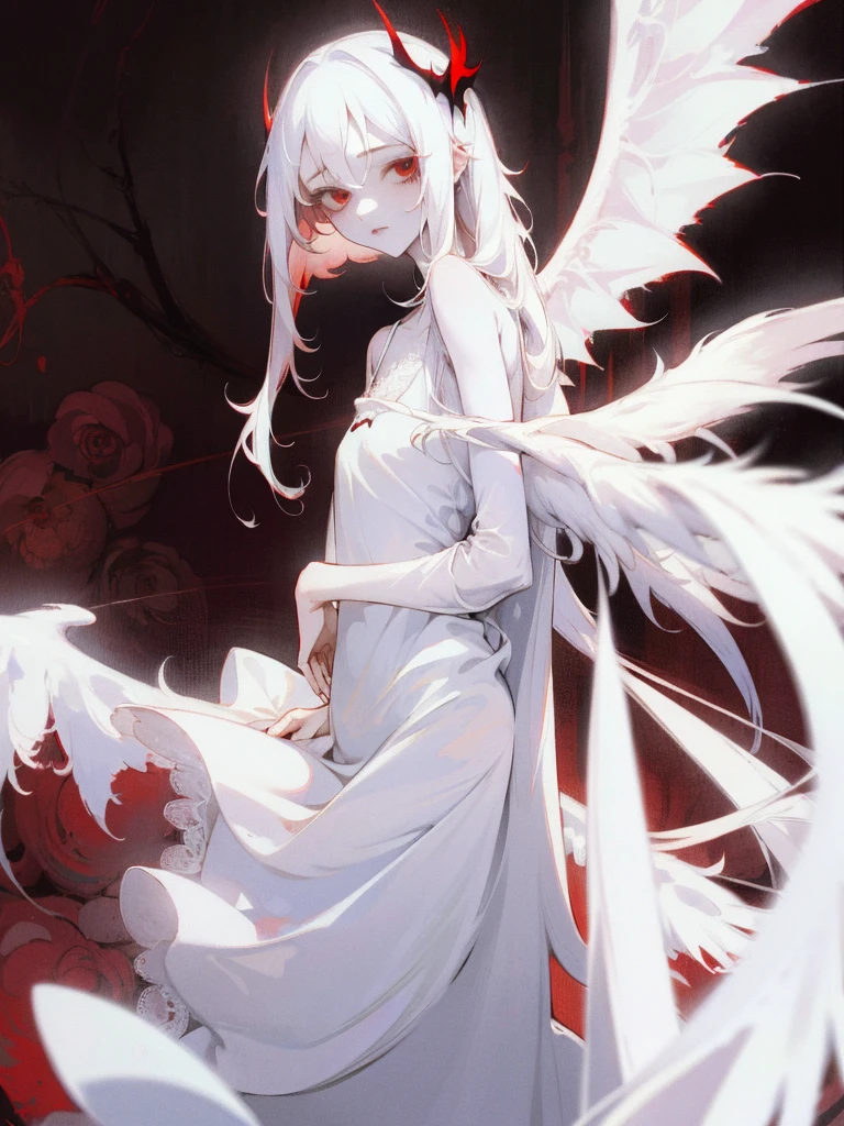 1girl, long white hair, red eyes, wearing white lace sling nightdress, white wings, bedroom, absurdres, high res, ultrasharp, 8K, masterpiece, looking at viewer, albino, pale