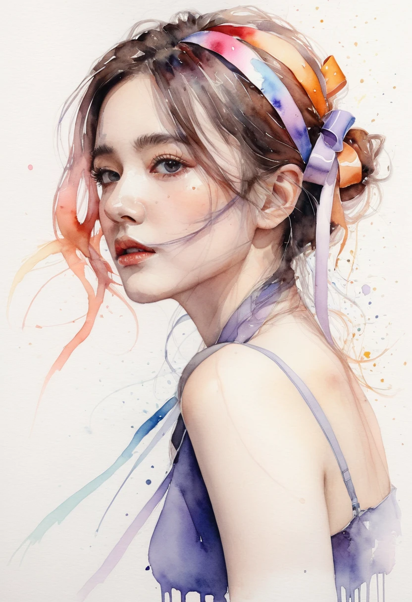 (8k, best quality, masterpiece:1.2),(best quality:1.0), (ultra highres:1.0), watercolor, a beautiful woman, shoulder, hair ribbons, by agnes cecile, half body portrait, extremely luminous bright design, pastel colors, (ink:1.3), autumn lights,