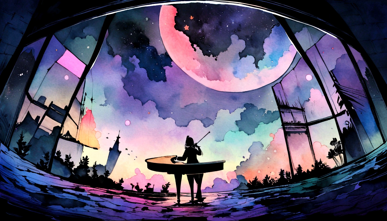 【最高masterpiece】Piano Jazz Bar, dream, Night Light,Analog Color Theme, Lo-fi Hip Hop , review, flat, 2.5D ,Draw a line, Ink Painting, Osaka Road, Watercolor, Gouache Color,  Very colorful, Outerton, Krautlock, Lofi Art,Old Texture, amplitude,Psychedelic atmosphere, masterpiece, Technology of Wonders,Darken the room，Outside the window is a beautiful beach at night.