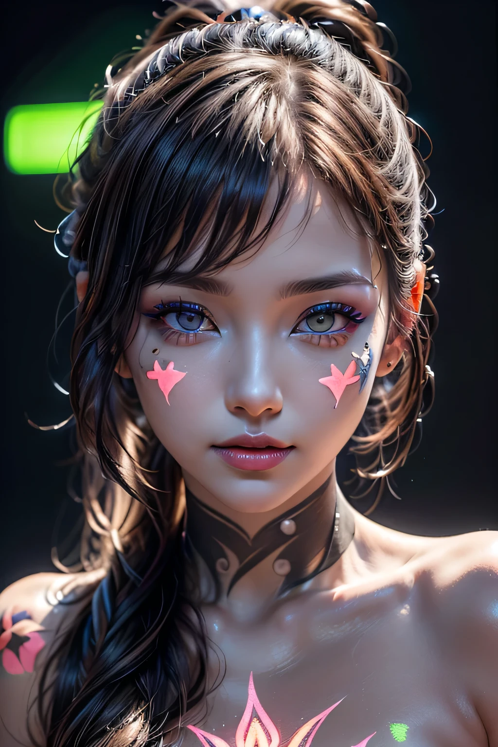 ((Portrait of a girl in the dark, Put some UV light on her)), ((Glowing 3D Objects、Interacting with graphics，Ultra-detailed illustrations))，Photorealistic Realism 8K, 16K Best Quality, Fashion Supermodel, (Glamour, Paparazzi take pictures of her), (Extremely absurd quality, Very detailed, Super Resolution, Crisp and sharp focus, No blur, (Perfect Round, Realistic eyes:1.25)),( Folded long ponytail)、 ((Perfect darkness_eye shadow)), (Very detailed, Beautiful little nose), (Smiling brightly)、(Perfect composition), ((Creative spring flower UV portrait、Glowing neon body art painting:1.45)), ((If the model is、A vibrant work of art、She is sporting glowing body paint covering her private parts.。))),
