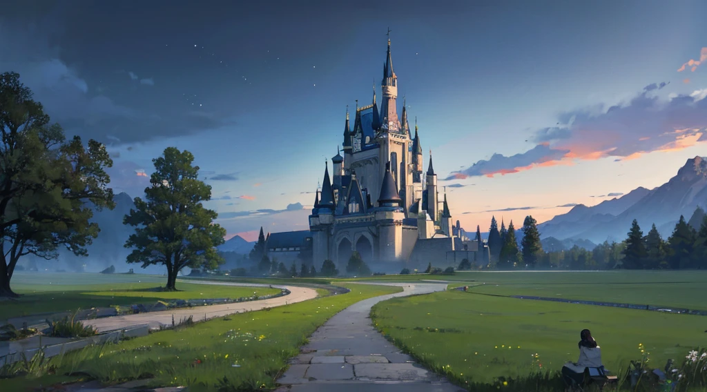 Midnight steppe、Headphones are placed、Beyond the grassland are the castle walls、darkness