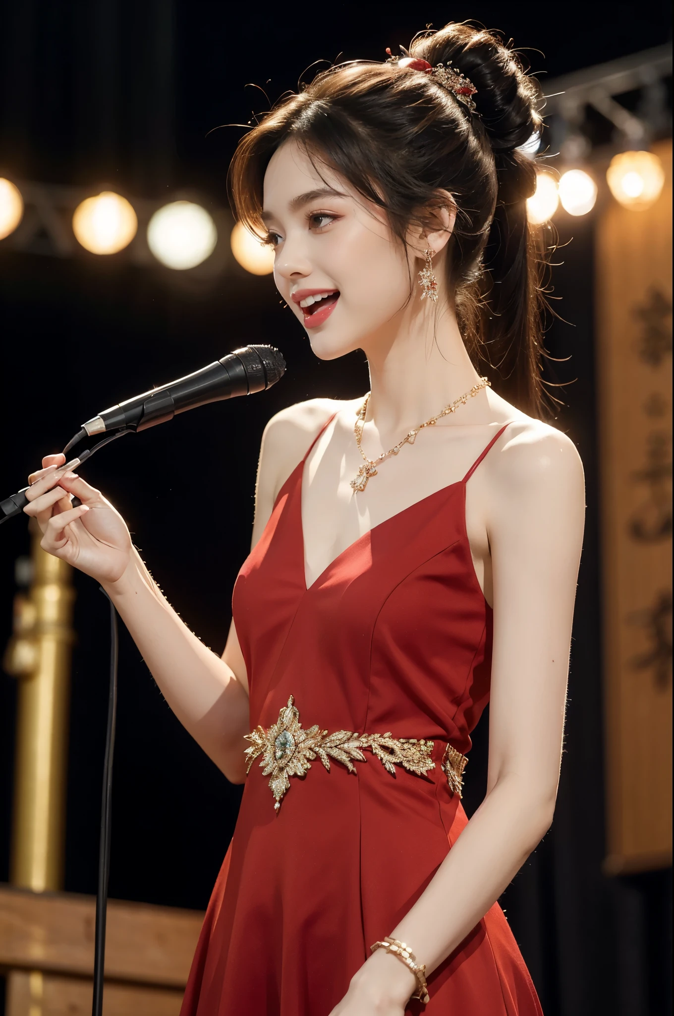 (((best quality))),(((ultra detailed))),(((masterpiece))),illustration, 1girl,singer,solo,short ponytail,open mouth,laughing,slim,thin,flat chest,small breasts,earrings,necklace,Maxi gorgeous sparkled red dress,slender legs,on the stage, performance, passion, confidence, elegance, lighting effects, decorations, audience, melodious voice, beautiful appearance, captivating performance,standing,upper body,from front