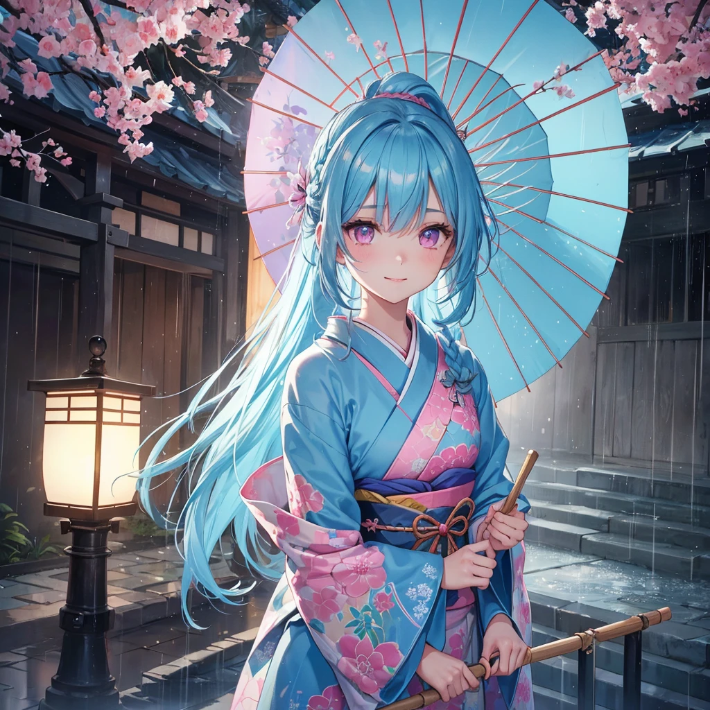 sky Blue hair, (braided ponytail),(pink eyes),fair skin ,(full body),(1 girl),smile,Straight Bangs,(masterpiece, best quality, ultra-detailed, best shadow), (detailed background), (beautiful detailed face), high contrast, (best illumination, an extremely delicate and beautiful), ((cinematic light)), colorful, hyper detail, dramatic light, intricate details,(rain shower),kyoto,big Japanese Umbrella,kimono,