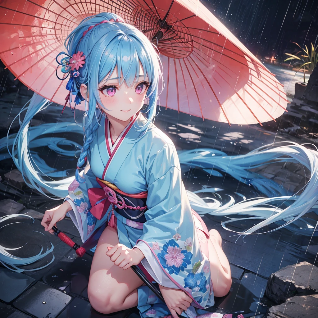 sky Blue hair, (braided ponytail),(pink eyes),fair skin ,(full body),(1 girl),smile,Straight Bangs,(masterpiece, best quality, ultra-detailed, best shadow), (detailed background), (beautiful detailed face), high contrast, (best illumination, an extremely delicate and beautiful), ((cinematic light)), colorful, hyper detail, dramatic light, intricate details,(rain shower),kyoto,big Japanese Umbrella,kimono,