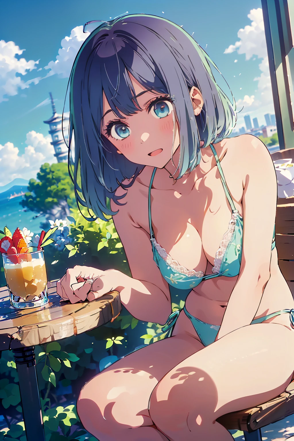 (Highest quality:1.4、masterpiece:1.4、Super detailed:1.4、8K:1.4)、F cup bust、Big Breasts、Slim body、((((1 person、Surprised expression、sit、Chair、In the background are the urban buildings of Tokyo、looking at the camera、Outdoor café terrace、coastal、Navy hair color、juice、Close-up shot taken at an angle、table、Very cute face))))、(Pose of putting hair behind ears with hands:1.4、Cheek resting on hand:1.4）、((nude、Areola、lace bikini size))、Very blue sky、A completely cloudless sky、Big eyes、((((Shallow depth of field))))