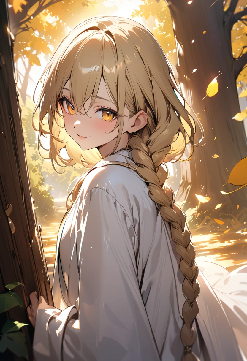 1boy, long overflowing blonde hair loosely braided, golden eyes, subtle holy glow, looking at viewer, smiling, white robes, girly boy, gigantic tree with golden leaves background, textured skin, award winning, high details, incredible high-key lighting and shadows, masterpiece, UHD, UHD, UHD, UHD