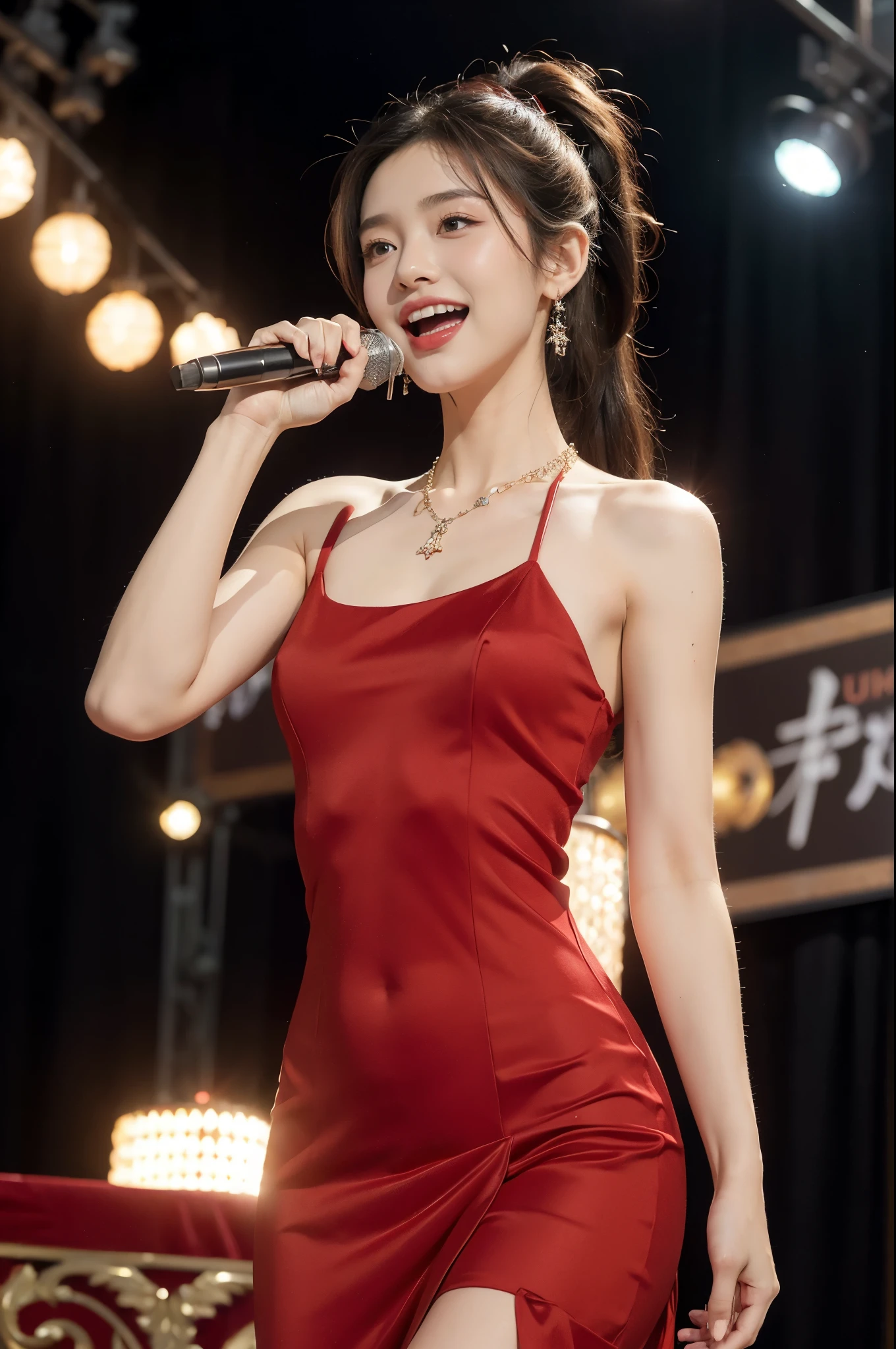 (((best quality))),(((ultra detailed))),(((masterpiece))),illustration, 1girl,singer,solo,short ponytail,open mouth,laughing,slim,thin,flat chest,small breasts,earrings,necklace,Maxi gorgeous sparkled red dress,slender legs,on the stage, performance, passion, confidence, elegance, lighting effects, decorations, audience, melodious voice, beautiful appearance, captivating performance,standing,upper body,from front