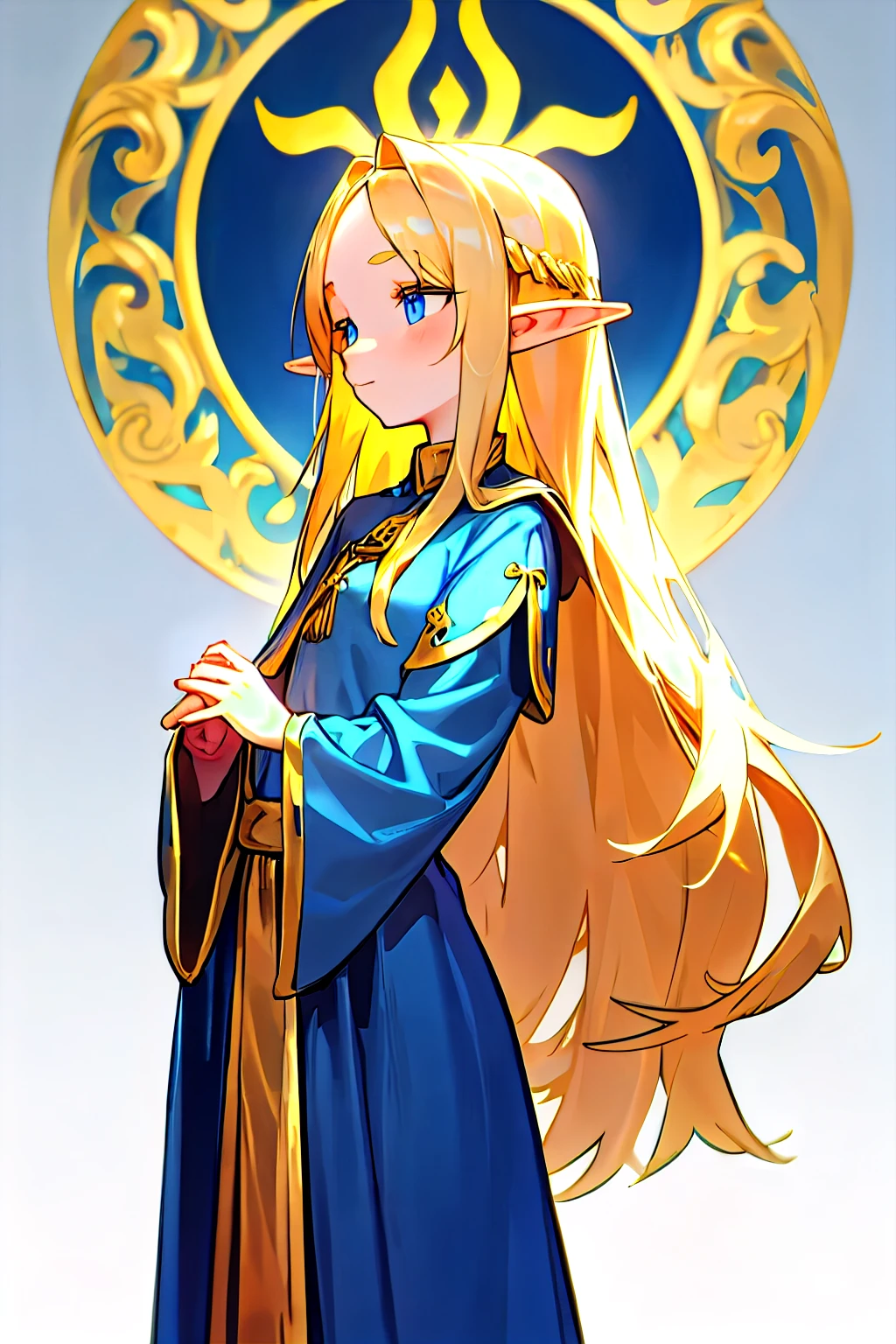 Elf, short stature, Golden Long Hair, Blue eyes, ceremonial medieval blue dress