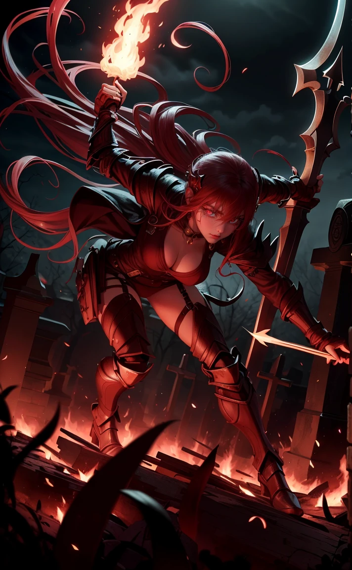 Sexy vampire girl in soldier armor in cemetery lit by flames, she is holding a spear, fully body, movement pose