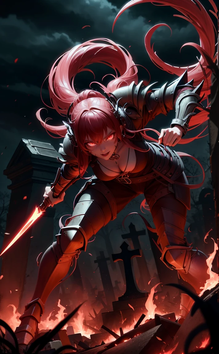 Sexy vampire girl in soldier armor in cemetery lit by flames, she is holding a spear, fully body, movement pose