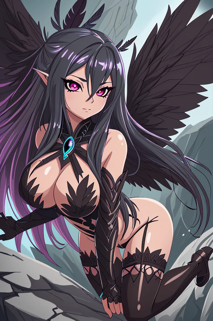 a closeup of a harpy woman in lingerie with wings on a rock, the villain has black angel wings, beautiful succubus, Extremely detailed artistic germ, dark feather wings, like a mystical valkyrie, angel knight girl, RossDrawS 2. 5, anime goddess, high resolution commission, High quality 8K detailed art, Artgerm and ArtStation Pixiv