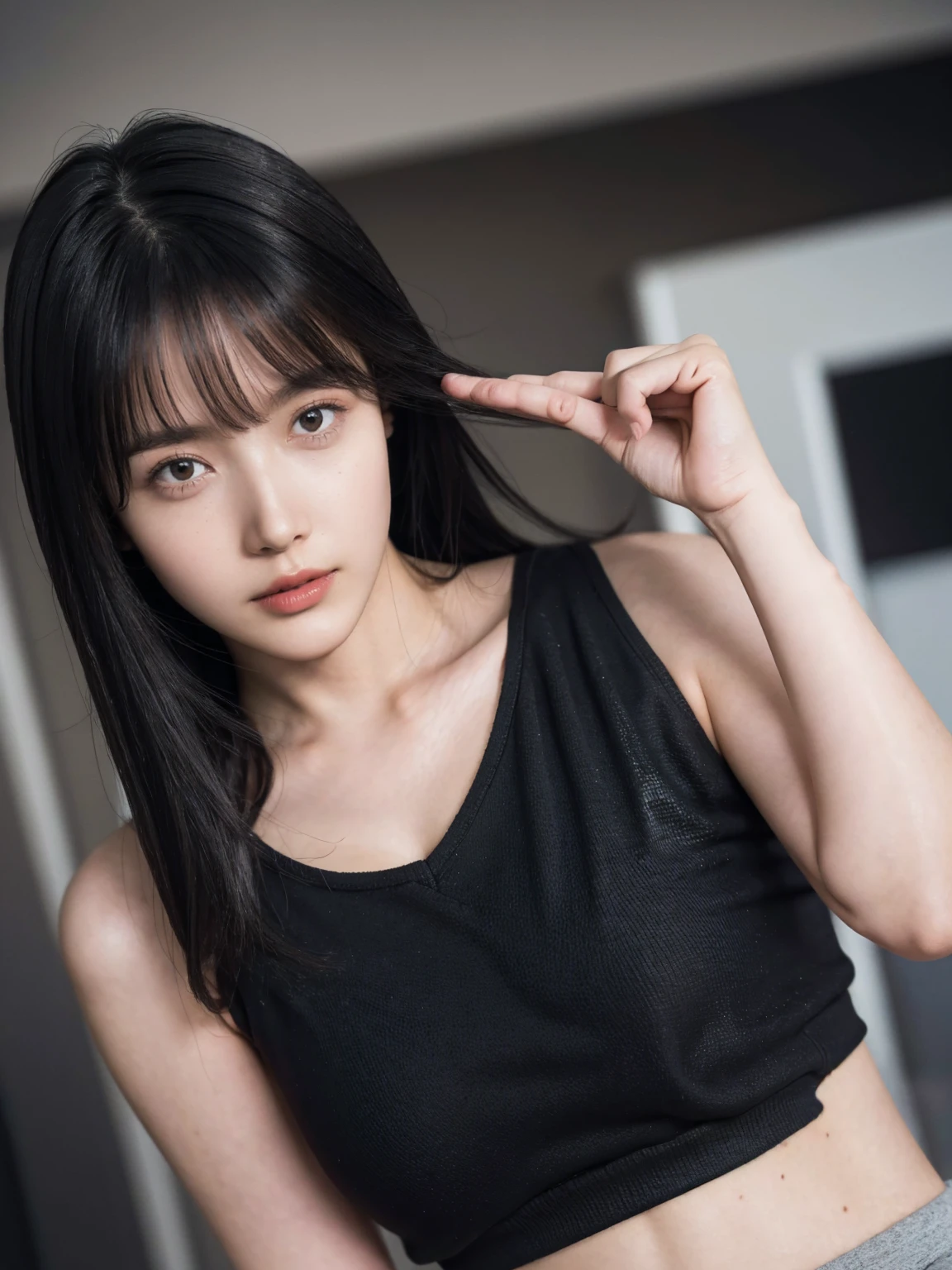 black hair, Surrealism, 8k, super detail, UHD, anatomically correct, accurate, masterpiece, textured skin, super detail, high details, high quality, award winning, best quality, highres, natural big breast, knit tank top, short pants, close up, (HQ skin:1.4)