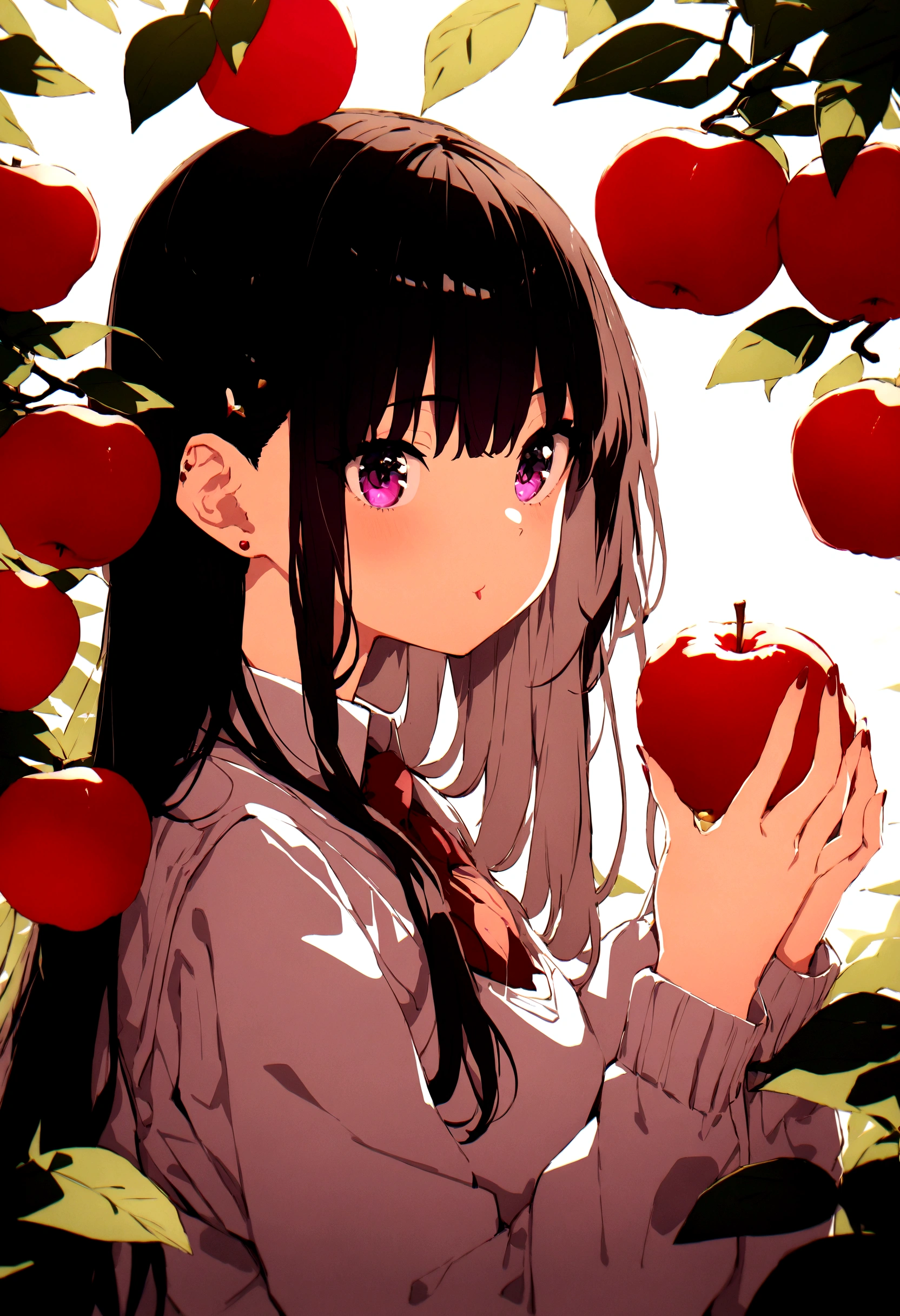 ((Highest quality)), ((masterpiece)), (detailed)、Girl eating an apple、One cheek is puffy、The chipped apple、